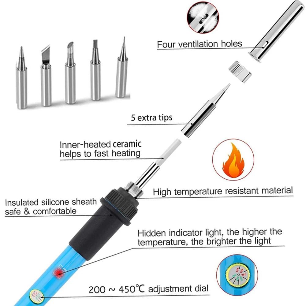 Soldering Iron Kit Welding Tool, 5 Extra Tips EU/US Plug 60W