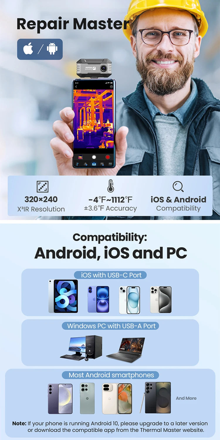 (iPhone&Android) P1 android thermal camera for iphone 320*240 X³IR Resolution 600℃ 25Hz HVAC House Inspection Camera