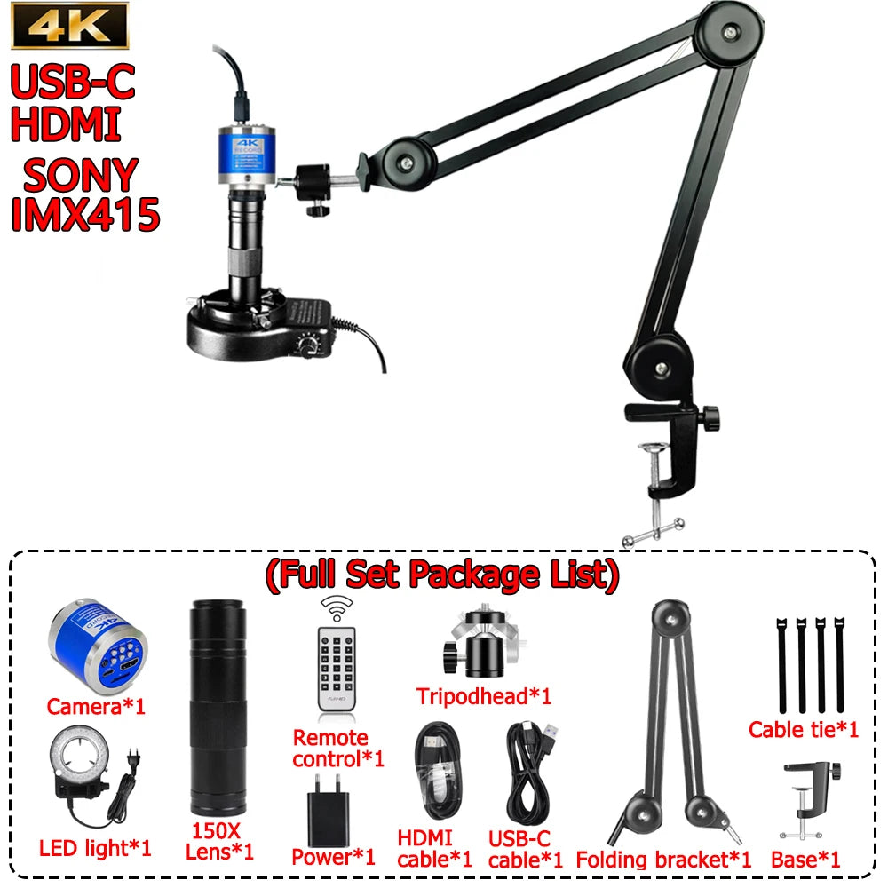 4K 48MP Industrial Microscope With Enhanced Stand, 150X Digital Video Microscope With USB-C HDMI Port For PCB Soldering Repair