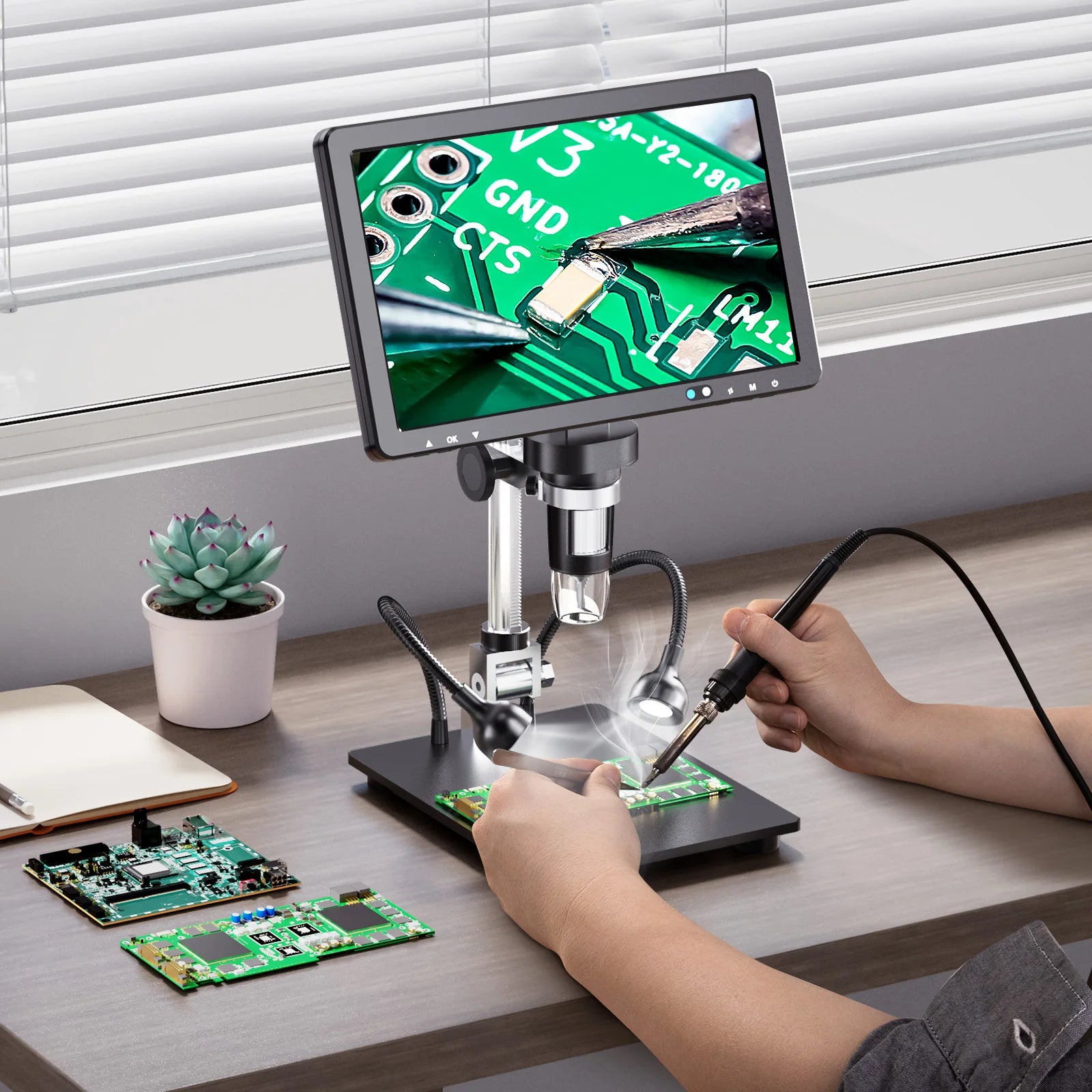 10.1'' HDMI Digital Microscope 2000X with 10 LEDs, 20MP Soldering Microscope for PCB Repair