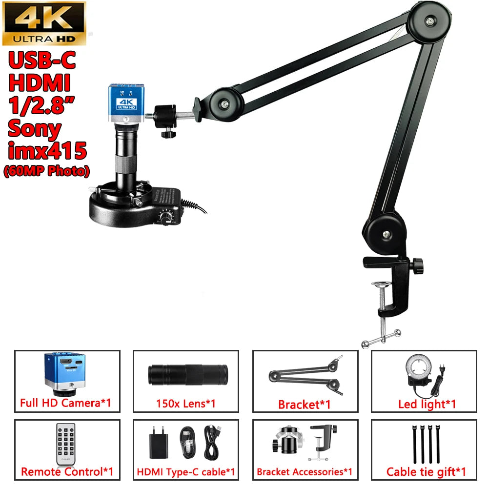 4K 48MP Industrial Microscope With Enhanced Stand, 150X Digital Video Microscope With USB-C HDMI Port For PCB Soldering Repair